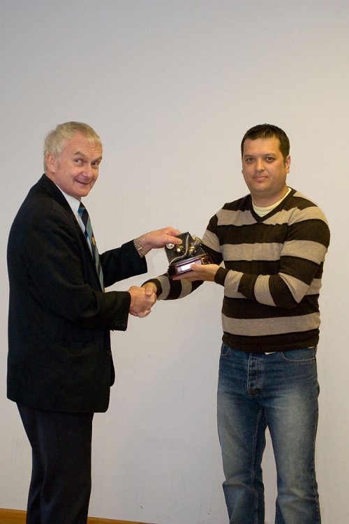 Hanham Athletic secretary Dean Patton receiving the Leading Goalscorer award on behalf of Simon Dew from Treasurer Mike Wheatley
